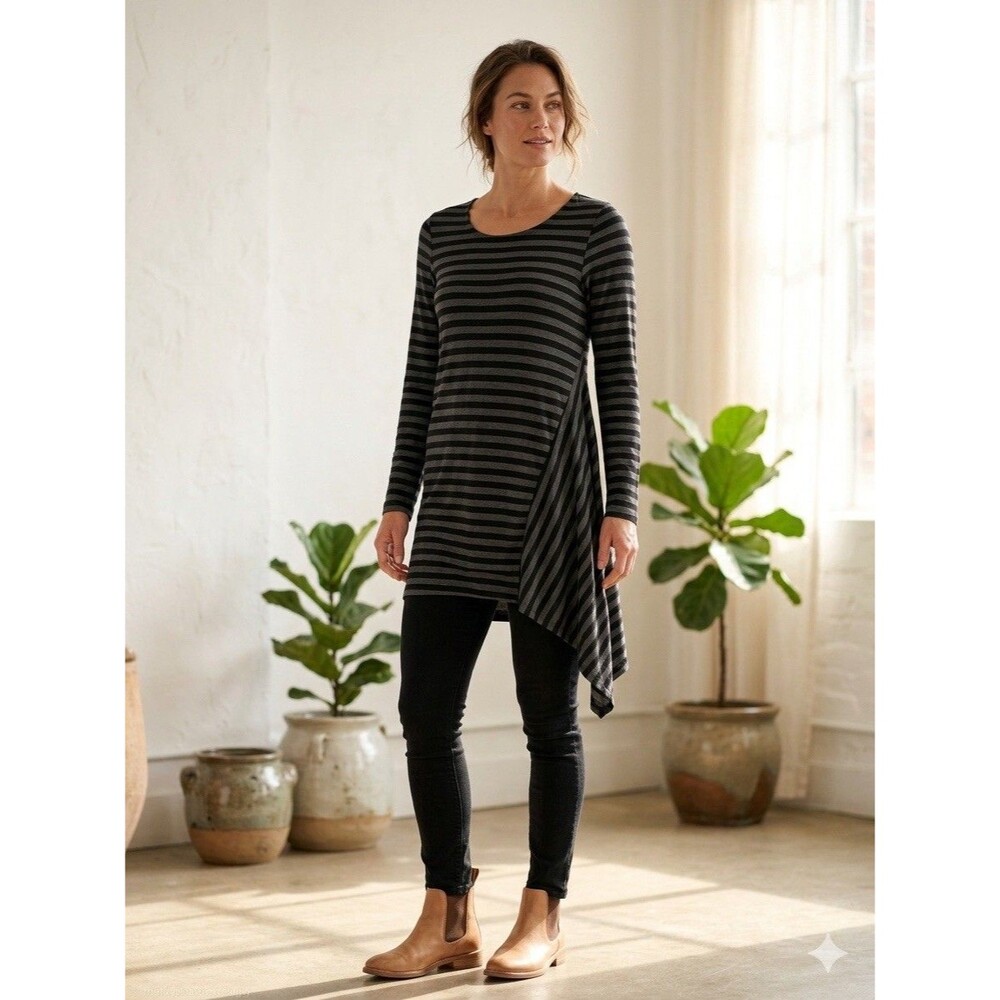 Bryn Walker Striped Dress XS Gray Black Long Sleeve Asymmetric Lagenlook Shift